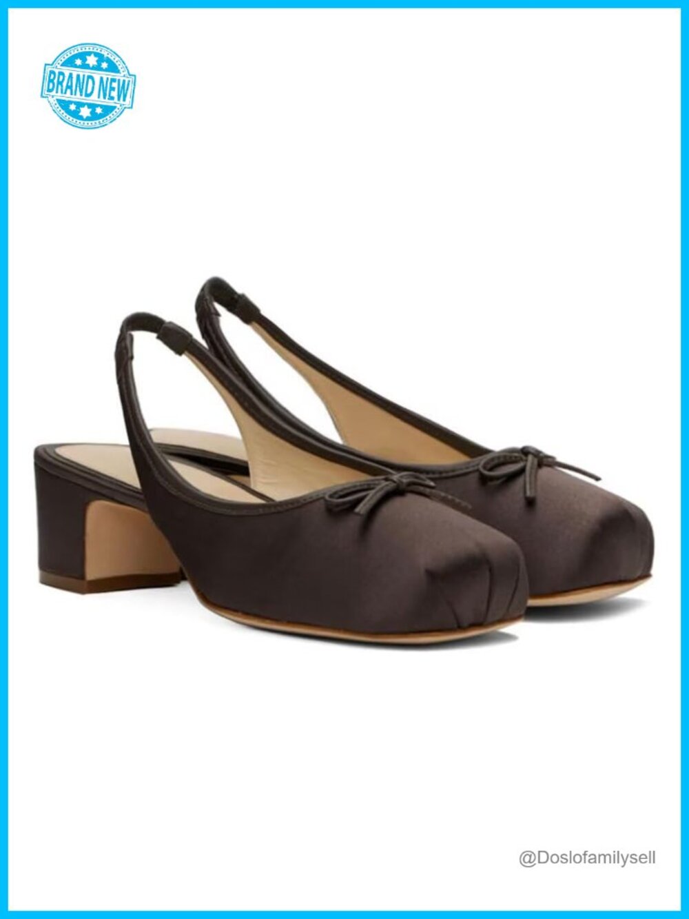 Satin Slingback Ballet Heels Square Toe Bow Block Heel Pumps